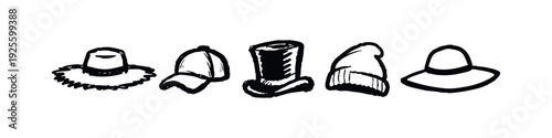 Assortment of hand-drawn hats including straw hat, baseball cap, top hat, beanie, and sun hat, isolated.