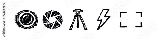 Hand-drawn doodle photography equipment icons set. Camera accessories and tools symbols in artistic style.