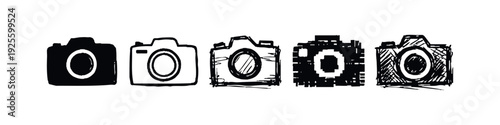 Hand-drawn doodle camera icons set. Photography and multimedia symbols in various artistic styles.