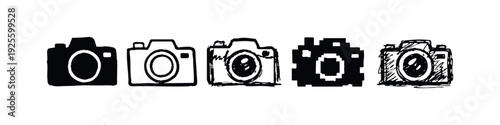 Hand-drawn doodle camera icons set. Photography and multimedia symbols in various artistic styles.