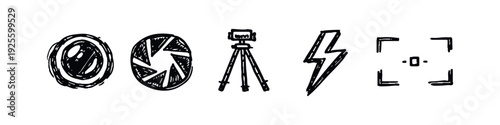 Hand-drawn doodle photography equipment icons set. Camera accessories and tools symbols in artistic style.