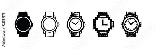 Hand-drawn doodle wristwatch icons set. Time and fashion accessory symbols in various artistic styles.