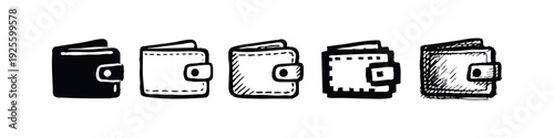 Variety of Wallet Icons Set: Hand-Drawn, Pixel Art, and Outline Styles for Finance Concepts