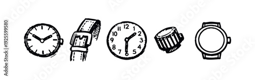 Hand-Drawn Clock and Watch Component Icons Set: Timepiece Elements in Sketch Style