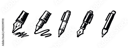 Hand Drawn Writing Pen Icons Set: Sketchy Fountain Pen, Ballpoint, and Art Pen Symbols for Creative Tasks