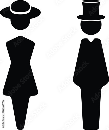 Man and woman silhouettes, restroom icons, gender symbols, black pictogram design, signage illustration, formal attire figures, simple visual recognition artwork