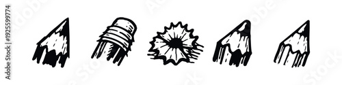 Hand-drawn pencil and shavings icons set. Sharpened pencil tips and wood waste for art and education.