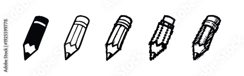 Set of black pencil icons in various styles. Flat, outline, hand-drawn, pixelated, and grunge vector illustrations.