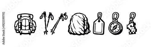 Outdoor Exploration and Travel Gear Icons - Backpack, Trekking Poles, Compass, and Essentials.