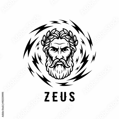 Dynamic Mythological Deity Head Graphic with Laurel Wreath and Lightning Swirl
