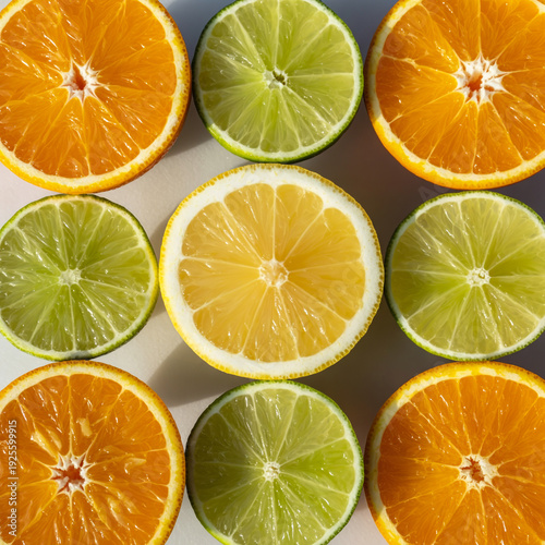 Fresh citrus fruit halves arranged in a colorful grid with lemon, lime and orange slices top view