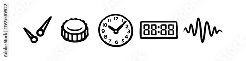 Hand-drawn set of clock, timer, and sound wave icons, representing measurement and audio.