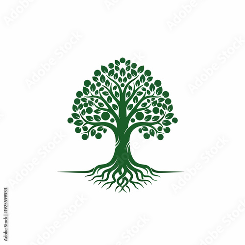 Vector illustration of a vibrant green tree with strong roots and lush foliage, symbolizing growth and nature.