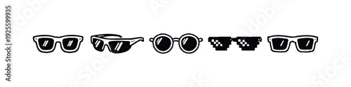Hand-drawn collection of sunglasses and pixelated glasses icons, symbolizing various styles.