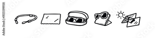 Hand-drawn set of sunglasses accessories and sun protection icons, for care and outdoor use.