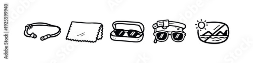 Hand-drawn set of outdoor sunglasses and accessories icons, ideal for adventure and travel themes.