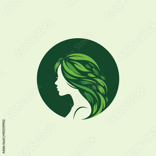 Stylized Woman Profile Illustration with Flowing Green Leaf Hair Representing Nature