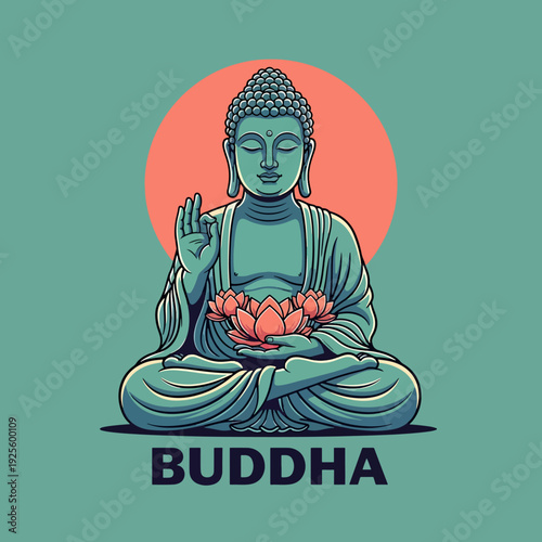 Serene enlightened figure meditating, holding lotus flowers in a tranquil spiritual illustration.