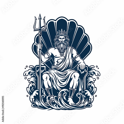 Mythological Sea Deity Reigning on Wave Throne with Trident - Ancient Ocean God Illustration