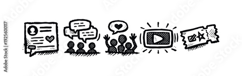Social Media Interaction and Event Icons. Hand drawn style vector illustration.