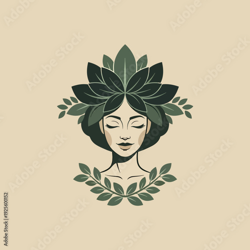 Peaceful Feminine Figure with Botanical Crown and Wreath, Nature's Gentle Spirit
