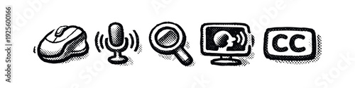 Digital Audio, Search, and Accessibility Icons Set with Mouse, Microphone, Magnifying Glass, and Closed Captions