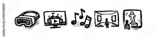Virtual Reality, Music, and Art Gallery Icons. Hand drawn style vector illustration.