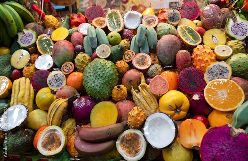 Canarian exotic local fruits on the market, Spain