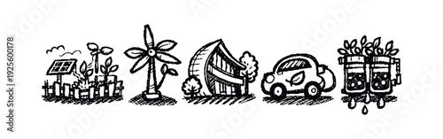 Sustainable Energy and Eco-Friendly Solutions Icons. Hand drawn style vector illustration.