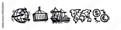 International Trade and Global Shipping Doodle Icons with World Map, Containers, Cargo Ship, and Currency Exchange