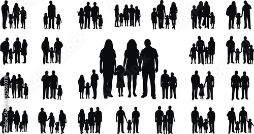 Large family silhouettes collection, parents and children standing together isolated on white background vector illustration bundle set