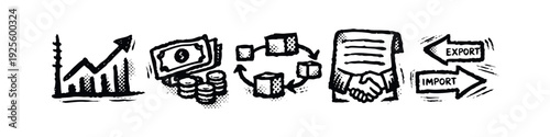 Business Growth and Financial Transactions Doodle Icons with Money, Supply Chain Flow, Contract, and Trade