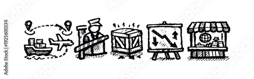 Logistics and Global Trade Hand-Drawn Icons for Shipping, Customs, Warehousing, Market Analysis, and Retail