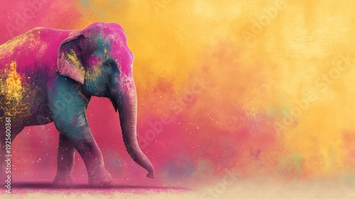 Wallpaper Mural Elephant dusted in violet and marigold powder on plaster stage with clean white shadow Torontodigital.ca