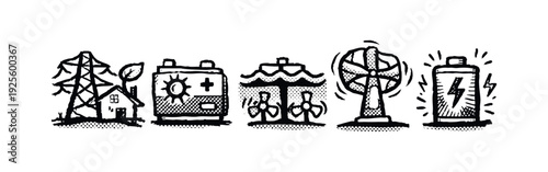 Energy Infrastructure and Renewable Storage Doodle Icons with Power Grid, Battery, Wind, and Tidal Power