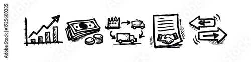 Financial Growth and Logistics Operations Doodle Icons with Money, Truck Delivery, Contract, and Trade Arrows