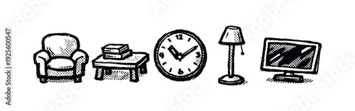 Living Room Furniture and Home Decor Items Hand Drawn Icons Set