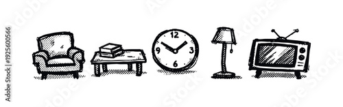 Classic Living Room Furniture and Home Decor Items Hand Drawn Icons Set