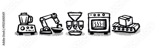 Food Processing and Industrial Production Machinery Hand Drawn Icons Set