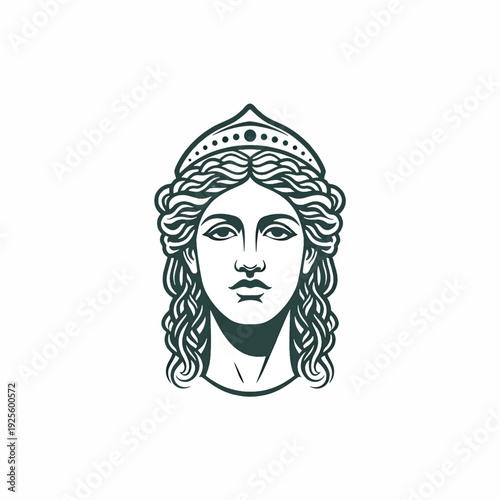 Elegant Goddess Head Vector Illustration - Classical Female Figure with Crown Emblem