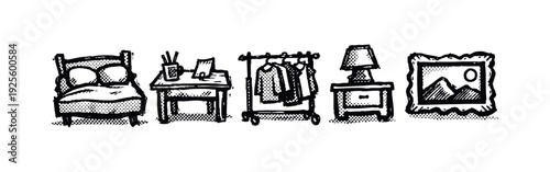 Bedroom Furniture and Home Decor Items Hand Drawn Icons Set