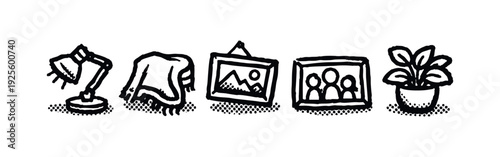 Home accessories and decor icons set. Cozy interior elements for a comfortable living space.