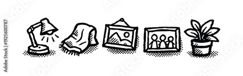 Cozy home interior elements icons set. Domestic accessories and decor for a comfortable atmosphere.