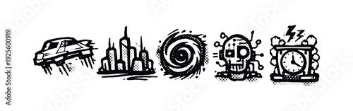 Sci-fi and Futuristic Icons Set with Flying Car, Dystopian City, Cyborg and Steampunk Elements