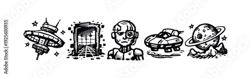 Hand-drawn Sci-Fi, Space Exploration, and Alien Technology Icons