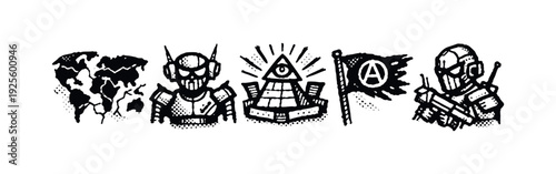 Global AI, Anarchy, and Conspiracy Icons: World Map, Robot, Illuminati Eye, Anarchist Flag, and Soldier