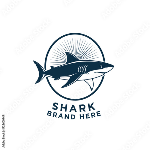 Bold shark illustration logo with sunburst in a circular emblem