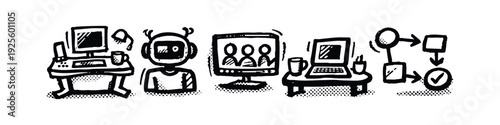 Hand-drawn Technology and Workflow Icons for AI and Remote Work