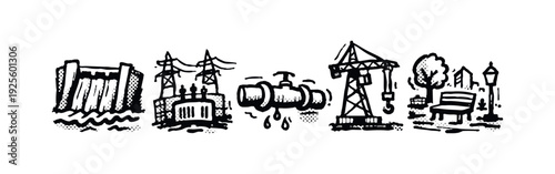 Utilities, construction, and urban infrastructure icons, power generation, plumbing, and public spaces.