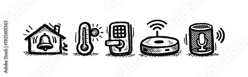 Hand-drawn Smart Home Security and Automation Icons Set with Thermometer, Lock and Hub